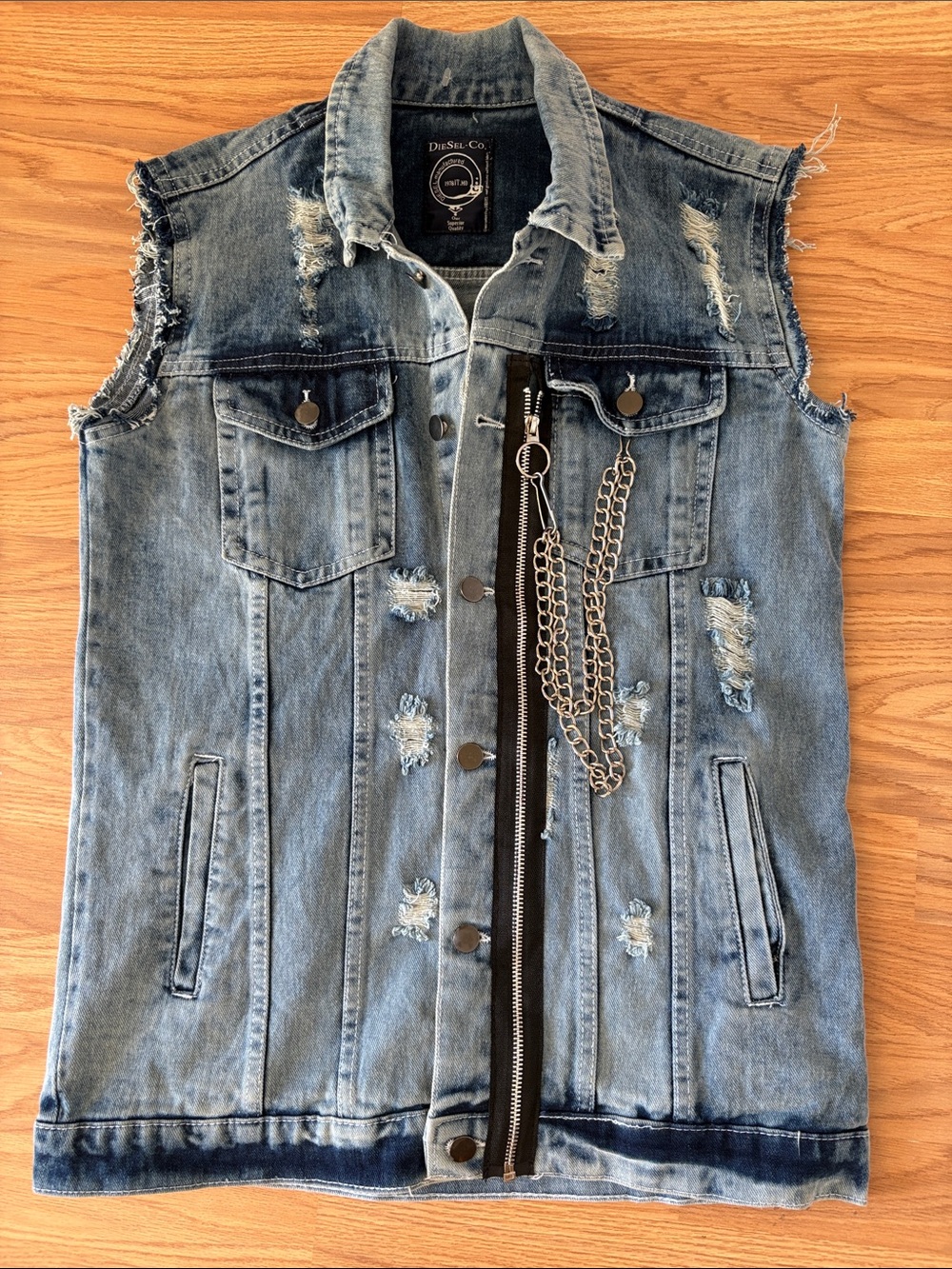 Diesel Light Blue Distressed Denim Vest with Chain Accent